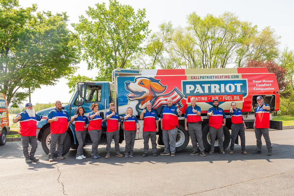 Team photo of Patriot Heating, Air and Fuel Oil's HVAC services crew ready to serve Doylestown, PA