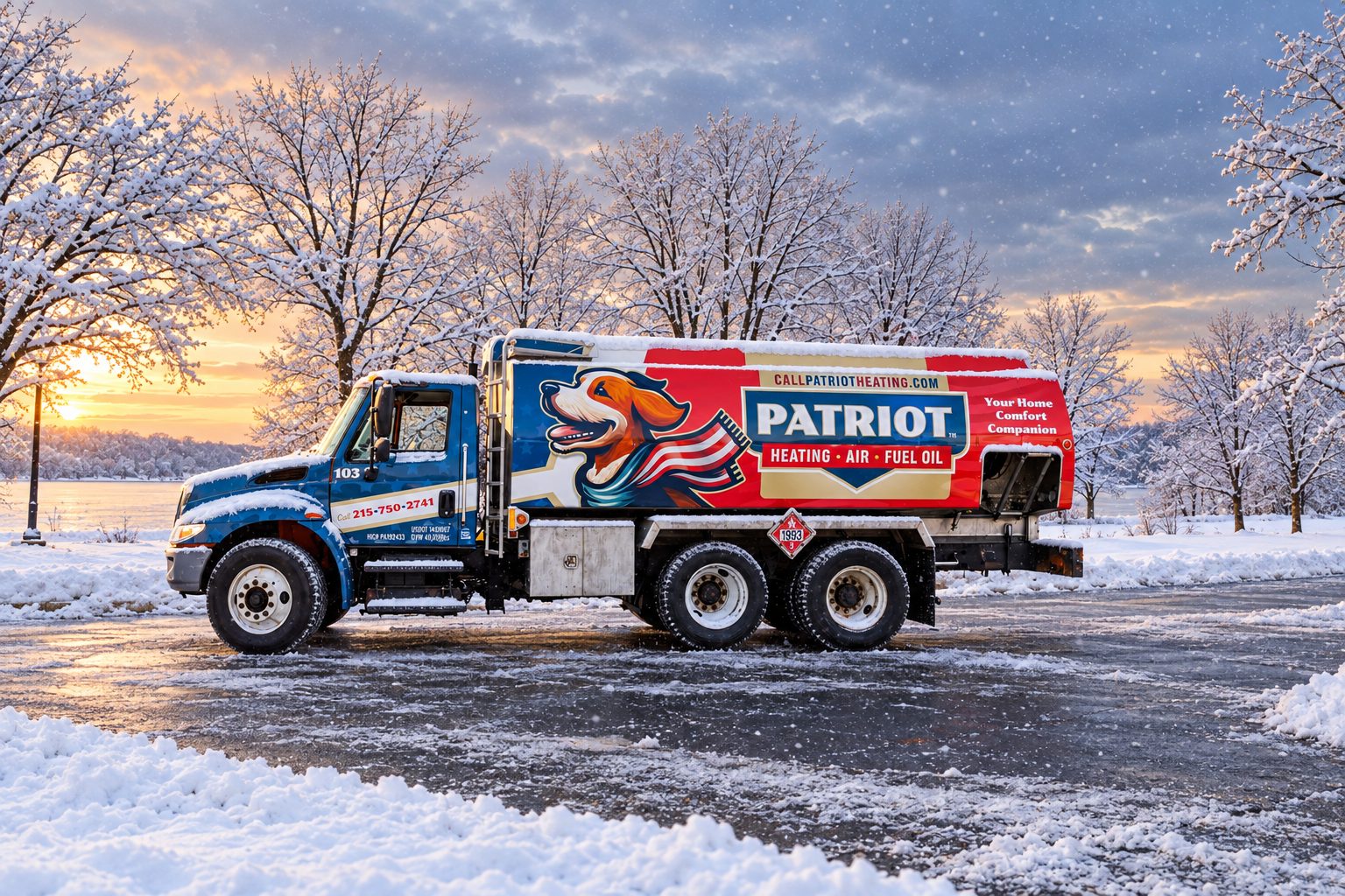 A Patriot Heating, Air and Fuel Oil delivery truck on a snowy morning
